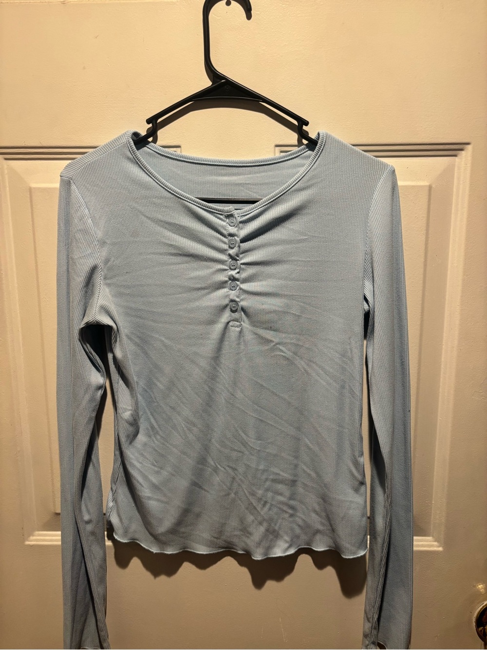 Long-Sleeve Light Blue Henley Rib Top